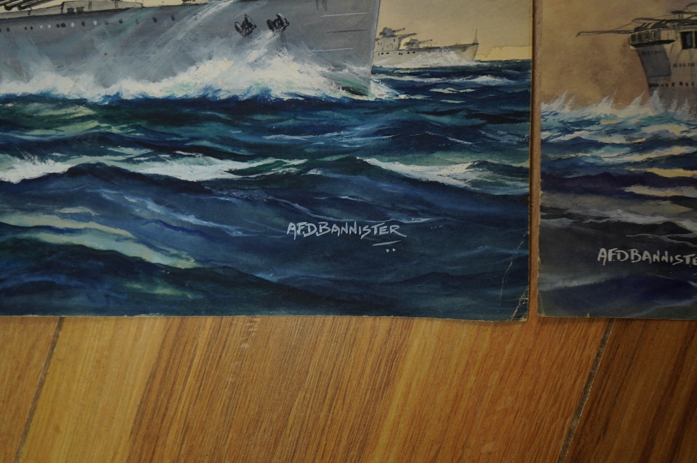 AFD Bannister, set of four original WWII watercolours for post card designs, Warships to include ‘HM Submarine Pandora’, ‘HMS Lightening Destroyer’ and ‘HMS Formidable Aircraft Carrier’, each signed with official censor